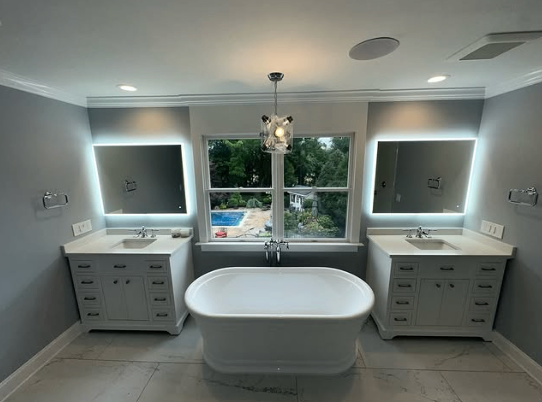 Master bathroom remodel with marble walk-in shower in Sayreville, NJ