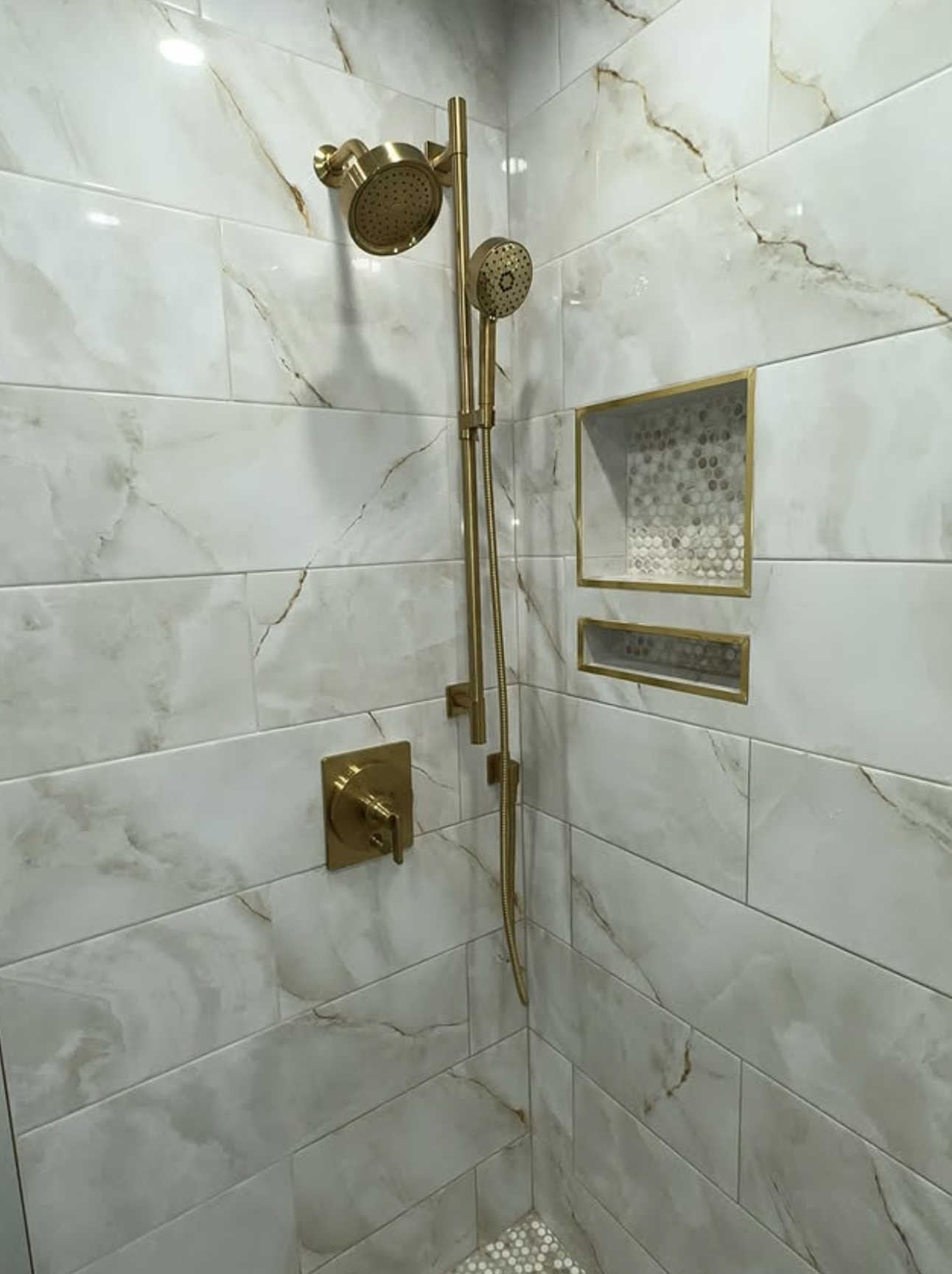 Gold fixture marble walk-in shower remodel in Old Bridge, NJ
